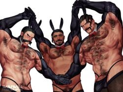 3boys armpits big_bulge bulge bunny_ears chairman_rose daddy dilf hairy hairy_chest huge_bulge kamado_(pokemon) looking_at_viewer male male_only mr._saguaro muscles muscular muscular_male pokemon pokemon_legends:_arceus pokemon_ss pokemon_sv posing stockings thong waiwai_mura