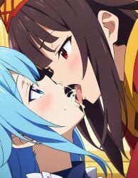 2girls ai_generated aqua_(konosuba) aqua_eyes aqua_hair blue_eyes blue_hair blush brown_hair clothed cum cum_drip cum_in_mouth cum_kiss cum_on_tongue cum_swap cum_swapping drooling drooling_tongue female female_only horny horny_female kissing kono_subarashii_sekai_ni_shukufuku_wo! lesbian_kiss long_hair looking_at_partner megumin morindar open_eyes open_mouth red_eyes snowballing tongue tongue_out yuri