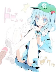 bar_censor blue_eyes blue_hair censored cum cumshot ejaculation feet footjob footjob_with_legwear hair_bobbles hair_ornament hat key nitori_kawashiro penis short_hair solo thighhighs tied_hair touhou twintails usotsukiya white_legwear white_thighhighs