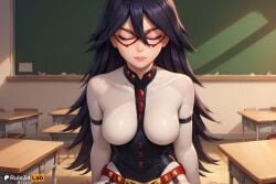 1girls ai_generated anime_girl anime_style artist_name belt black_hair bodysuit boku_no_hero_academia breasts breasts_apart chalkboard classroom closed_eyes closed_mouth collarbone desk domino_mask facing_viewer hair_between_eyes hi_res indoors lips long_hair mask medium_breasts midnight_(my_hero_academia) my_hero_academia nemuri_kayama on_desk patreon_logo rule34lab school_desk sitting sitting_on_desk skin_tight solo upper_body white_bodysuit