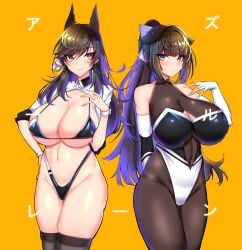 2girls animal_ears atago_(azur_lane) atago_(stunning_speedster)_(azur_lane) azur_lane bangs black_hair black_legwear blush breasts cameltoe cleavage elbow_gloves eyebrows_visible_through_hair fingerless_gloves funaya_(a2brasd) gloves highleg highleg_swimsuit highres large_breasts long_hair looking_at_viewer multiple_girls navel pantyhose ponytail race_queen revealing_clothes skindentation smile swimsuit takao_(azur_lane) takao_(full_throttle_charmer)_(azur_lane) thighhighs yellow_background