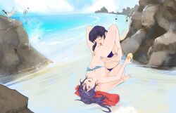 2girls absurdres beach bikini bikini_bottom_aside bikini_bottom_removed bikini_lift bird black_hair blue_sky bottomless breasts breasts_out clothes_lift commission commissioner_upload cunnilingus female female_only female_pubic_hair fir_(fire_emblem) fire_emblem fire_emblem:_genealogy_of_the_holy_war fire_emblem:_the_binding_blade food highres holding ice_cream ice_cream_cone larcei_(fire_emblem) mrbudguy multiple_girls navel nintendo nipples nude nude_female ocean open_mouth oral pubic_hair purple_eyes purple_hair rock seagull sex sky stealth_sex swimsuit tongue tongue_out towel yuri