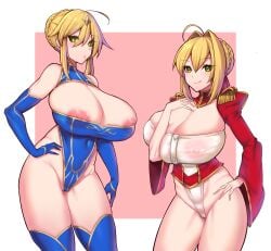 2girls :q absurdres ahoge areola_slip areolae artoria_pendragon artoria_pendragon_(fate) artoria_pendragon_(lancer) artoria_pendragon_(lancer)_(fate) bare_shoulders blonde_hair blue_gloves blue_legwear blush breasts cleavage covered_navel covered_nipples elbow_gloves epaulettes fate/extra fate/grand_order fate_(series) funaya_(a2brasd) gloves green_eyes hair_ornament hand_on_hip highres large_breasts leotard looking_at_viewer multiple_girls nero_claudius_(fate) nero_claudius_(fate/extra) nipple_slip nipples puffy_sleeves sagging_breasts see-through thighhighs tongue tongue_out