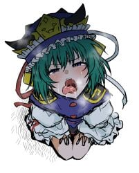 ahemaru bangs blue_eyes blue_vest blush eiki_shiki eyebrows_visible_through_hair female flat_chest frills from_above furrowed_brow gold_trim green_hair hair_between_eyes half-closed_eyes hat head_tilt henriiku_(ahemaru) looking_at_viewer medium_hair open_mouth oral_invitation saliva seiza simple_background sitting sleeves_past_wrists solo tongue tongue_out touhou uvula vest white_background