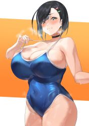 1girls 2022 black_hair blue_swimsuit blush breasts cleavage embarrassed female female_only hairclip highleg_swimsuit hips huge_breasts mm_(yoromu) one-piece_swimsuit original original_character short_hair simple_background steam steaming_body swimsuit thick_thighs thighs visible_breath wide_hips