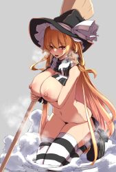 big_breasts black_footwear black_headwear blonde_hair blush bow breasts broom cleavage eyebrows_visible_through_hair female female_pubic_hair grey_background hair_between_eyes hat hat_bow highres holding holding_broom large_breasts long_hair marisa_kirisame mismatched_pubic_hair navel nipples oerba_yun_fang open_mouth pubic_hair scarf shoes simple_background solo star-shaped_pupils star_(symbol) striped striped_legwear symbol-shaped_pupils textless thighhighs touhou white_bow witch_hat yellow_eyes yukito_(dreamrider)