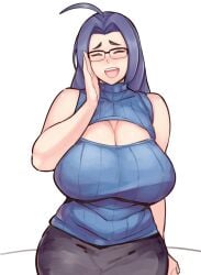 ahoge artist_name bare_shoulders belly blue_sweater blush boob_window breast_window breasts cleavage closed_eyes eyebrows female glasses hair_intakes hip_focus huge_breasts idolmaster idolmaster_(classic) long_hair mature_female milf miura_azusa older open_mouth purple_hair ribbed_sweater signature simple_background sleeveless sleeveless_turtleneck smile solo sweater turtleneck white_background zako_(arvinry)