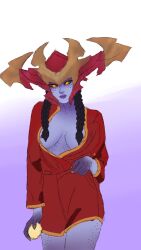 1girls armor artist_request braided_hair dragon_girl egg female female_focus female_only freckles helmet league_of_legends league_of_legends:_wild_rift long_fingernails monster_girl orange_eyes pointy_nails red_robe robe shyvana tagme_(artist) yellow_eyes