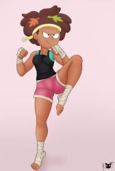 amphibia anne_boonchuy bandaged_arm bandaged_leg clenched_fist detailed_bulge disney disney_channel disney_xd female_only fighting_stance fully_clothed headband kat_(artist) messy_hair muay_thai pose signature straight_hair workout workout_clothes