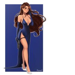 1girls aches big_breasts blue_dress breasts brown_eyes brown_hair cleavage cleavage_dress dress dress_slit elbow_gloves elegant_dress female female_focus female_only full_body fully_clothed gloves gun high_heels high_resolution highres hips low_cut_top lumiixq simple_background smile soft_shading solo solo_female solo_focus tan-skinned_female tan_skin thigh thigh_strap wavy_hair youtube youtuber