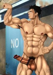 1boy akitaru_oubi bar_censor bara biceps black_hair brown_eyes bs_teppei burning_soul censor_bar censored censored_genitalia censored_penis en_no_shouboutai enen_no_shouboutai fire_force flexing human human_only hunk male male_focus male_only muscular muscular_male naked navel navel_hair penis short_hair solo undercut underwear