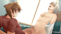 2boys ahe_gao anal_sex brown_hair cross cross_necklace cum demon freed_sellzen functionally_nude gay_sex green_eyes high_school_dxd homunculus hyoudou_issei male male_only nude partially_clothed priest red_eyes riding self_upload sweat toned_male tongue_out white_hair xxxtgxxx yaoi