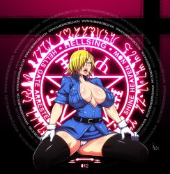 1girls black_legwear black_thighhighs blonde_hair blue_miniskirt breasts bursting_breasts busty casting_spell cleavage curvy cyberunique eye_contact fangs female female_only gloves hair_over_one_eye hellsing hi_res high_resolution highres huge_breasts kneeling legwear lips lipstick looking_at_viewer magic_circle microdress microskirt minidress miniskirt monster monster_girl naughty_face no_bra officer open_clothes open_shirt panties pantyshot pentagram police_officer police_woman policewoman red_eyes rolled_up_sleeves seras_victoria sharp_fangs sharp_teeth skirt solo spell summoning_circle thick_thighs thighhighs thighs top_heavy undead undead_female underwear uniform upskirt vampire white_gloves white_underwear wide_hips