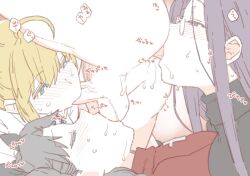 1boy 3girls ahe_gao anilingus artoria_pendragon backsack ball_sucking blonde blonde_hair blowjob blue_plate_special blush blushing closed_eyes collaborative_fellatio deep_blowjob emiya_shirou erect_while_rimmed eyes_closed fate/stay_night fate_(series) fellatio foursome glasses green_eyes harem head_tilt japanese_text male_anilingus medusa_(fate) mo_(kireinamo) multiple_girls oral purple_eyes purple_hair rimjob rimming saber saliva saliva_drip small_penis sucking_testicles sweat teamwork teenager throat_fuck tohsaka_rin unseen_male_face