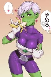 1girls alien alien_human alien_look_like_human ass_visible_through_thighs banana belt blowjob_face blowjob_gesture blush cheelai cleavage_reach contrapposto curvy_milf dragon_ball dragon_ball_super extraterrestrial extraterrestrial_human female gloves green_lips green_skin japanese_text looking_at_viewer maou_alba milf naughty_face phallic_symbol pinky_out purple_bodysuit purple_eyes sexually_suggestive silver_hair simulated_fellatio skin_tight solo spoken_heart underbust very_short_hair white_gloves