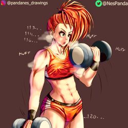 abs beefy blue_eyes buff buffed captain_mizuki dumbbell female female_focus female_only heavy_breathing muscle muscle_tone muscles muscular muscular_female one-punch_man orange_shorts panda_nes red_hair sports_bra sports_shorts sportswear sweat sweatdrop thick_thighs tight_clothes tight_clothing tight_pants tired training training_weights