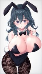 1girls alternate_costume blue_eyes breasts bunny_ears bunny_girl bunnysuit byleth_(fire_emblem) byleth_(fire_emblem)_(female) cleavage female female_only fire_emblem fire_emblem:_three_houses huge_breasts leggings long_hair nintendo pantyhose solo teal_hair thighs white_background yui_(msy1302mana)