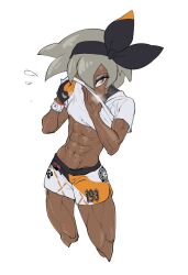 1girls abs bea_(pokemon) clothed cropped_legs dark-skinned_female dark_skin dolphin_shorts female grey_hair hairband midriff muscular muscular_female navel one_eye_covered pokemon pokemon_ss sanchezisfine shirt_lift shorts silver_eyes single_glove solo sweat thick_thighs white_background wiping_sweat wiping_with_shirt