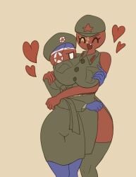 breast_squeeze breasts china_(countryhumans) cocomooooochi countryhumans countryhumans_girl curvy curvy_female hat heart hearts north_korea_(countryhumans) uniform yuri