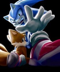 anitwenty anthro caught caught_in_the_act caught_off_guard cub cum cum_in_mouth ejaculation furry gay kneeling kneeling_oral_position looking_at_viewer low-angle_view miles_prower on_knees oral oral_penetration oral_sex shocked sonic_(series) sonic_the_hedgehog sonic_the_hedgehog_(series) tails tears young