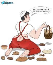 baker bakery bara basket bread bubble_butt buns clothed feet foot forgotten_homo_crushes_2022 fukuo gay helpless looking_back on_knees peeking_out presenting_ass presenting_butt round_ass studio_ghibli yaoi