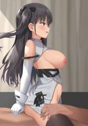 1boy :d arm_behind_back azur_lane bangs black_bow black_hair black_legwear bow breasts breasts_out clothed_female_nude_male clothed_sex commentary_request cowgirl_position cowgirl_position detached_sleeves dress eyebrows_visible_through_hair female fujieda_uzuki gloves hairbow highres indoors inverted_nipples long_hair medium_breasts nipples no_bra nude one_side_up open_mouth pamiat_merkuria_(azur_lane) profile purple_eyes sex smile solo_focus straddling straight thighhighs white_dress white_gloves