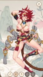 animated breasts female lips looking_at_viewer monster_girl nose nutaku panties_aside pussy red_hair slutty_journey smile smiling sun sun_wukong_(slutty_journey) tail yellow_eyes