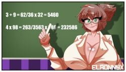 bad_math big_breasts breasts brown_hair cleavage clothing elronnyx eyewear female glasses green_eyes looking_at_viewer math