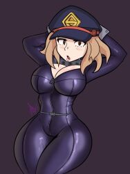 1girls big_breasts breasts brown_eyes camie_utsushimi clothed clothing female female_focus female_only female_solo hands_behind_head hat looking_at_viewer my_hero_academia phrenpai shiketsu_high_school_cap skin_tight skin_tight_suit solo solo_female tagme thick_thighs thighs wrist_cuffs