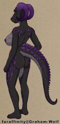 absurd_res anthro areola argonian ass bethesda_softworks black_body black_nails black_sclera black_skin black_toenails colored_nails feet female graham_(artist) grey_body grey_skin hand_on_hip hi_res horn humanoid_feet nails nipples purple_areola purple_body purple_eyes purple_horn purple_nipples purple_scales purple_skin rear_view scales skyrim smile solo tail the_elder_scrolls video_games