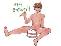 1boy ben_10 ben_tennyson birthday_cake birthday_hat green_eyes happy_birthday kamii_momoru male male_only nude nude_male solo tagme