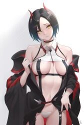 artist_name azur_lane bangs bare_shoulders black_choker black_hair black_jacket blue_hair breasts choker collarbone commentary_request cowboy_shot female head_tilt highres horns jacket kojo_(0124) large_breasts long_sleeves looking_at_viewer nail_polish navel navel_piercing off_shoulder open_clothes open_jacket parted_lips piercing red_nails revision short_hair sideboob simple_background solo standing thighhighs ulrich_von_hutten_(azur_lane) white_background wide_sleeves yellow_eyes