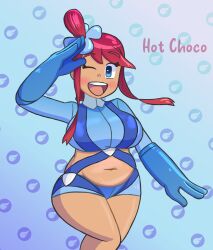 belly big_breasts blue_eyes chubby crop_top curvy curvy_female dark-skinned_female dark_skin game_freak gym_leader hot_choco nintendo plump pokemon pokemon_bw red_hair shorts skyla_(pokemon)