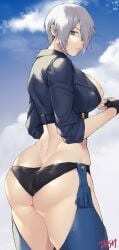 angel_(kof) ass back_view backboob blue_eyes fingerless_gloves hair_over_one_eye king_of_fighters pinup pinup_pose snk tagme tehutehusan thong white_hair