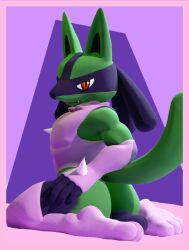 3d 3d_(artwork) adynamical alternate_costume anthro canine fingerless_gloves furry generation_4_pokemon gloves green_fur humanoid_penis looking_at_viewer looking_back lucario male_only on_knees pokemon pokemon_(species) pokemorph socks solo solo_male spikes super_smash_bros. tail