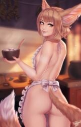 animal_ear_fluff animal_ears anus apron ass bare_arms bare_back bare_shoulders blonde_hair blurry blurry_background bowl breasts brown_eyes brown_hair butt commentary cooking dat_ass ear_piercing english_commentary female fringe from_behind hair_over_shoulder highres holding holding_bowl indoors khiara_(personalami) kitchen light_brown_hair looking_at_viewer looking_back medium_hair naked_apron nipples oc orange_eyes original original_character personalami petite piercing pussy small_ass small_breasts small_fringe smile solo tail teenager uncensored yellow_eyes