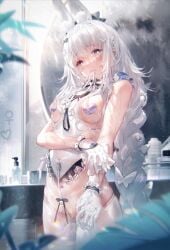 +_+ absurdres animal_ears azur_lane bangs barbell_piercing bathroom beads between_breasts black_bow black_bowtie blue_eyes blurry blush bondage bottomless bow bowtie braid breastless_clothes breasts chinese_clothes clothes_pull collar cowboy_shot crying crying_with_eyes_open depth_of_field dildo dudou english_commentary fake_animal_ears female frills glass_writing gloves hair_between_eyes hairbow handkerchief heart_pasties highres hip_bones holding holding_leash indoors le_malin_(azur_lane) le_malin_(listless_lapin)_(azur_lane) leash long_hair looking_at_viewer mixed-language_commentary motion_blur multi_ear navel_piercing pantyhose pantyhose_pull pasties piercing pussy rabbit_ears revealing_clothes sex_toy shampoo_bottle silver_hair skindentation small_breasts solo steam tears teeth_hold twin_braids venus_symbol very_long_hair water wet white_bow white_gloves white_hair white_legwear wiping ying_yi