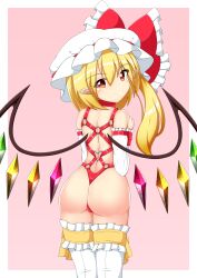 ass blonde_hair blush bow crystal female female flandre_scarlet hat hat_bow highres huge_ass kagayama_hajime looking_at_viewer pointy_ears red_eyes smile solo thighhighs touhou touhou_tag_dream wings wrestling_outfit