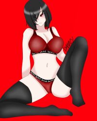 artist_request artist_signature black_hair blush bra breasts cleavage lingerie looking_away nemesis-chan panties red_background red_eyes short_hair stockings tagme_(artist) yandere_simulator