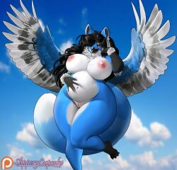 2022 5_fingers anthro areola beak black_hair breasts cloud digital_media_(artwork) female fingers genitals hair hybrid long_hair looking_at_viewer navel nipples outside pussy slipperycupcake solo text thunder_thighs wide_hips wings