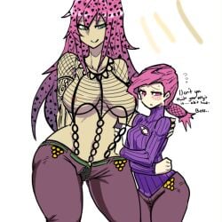 2girls big_ass big_breasts big_butt breasts clothing diavolo edit embarrassed female human jojo's_bizarre_adventure light-skinned_female light_skin long_hair mannungei nipple_slip nipples_visible_through_clothing pink_hair rule_63 shounen_jump vento_aureo villainess vinegar_doppio