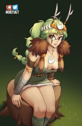 1girls antlers artemis_(hades) breasts brown_eyes clothed clothing curvy female female_focus female_only green_hair hades_(game) hi_res long_hair medium_breasts nortuet revealing_clothes simple_background sitting solo watermark wide_hips