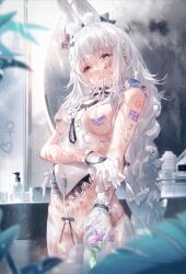 +_+ absurdres animal_ears azur_lane bangs barbell_piercing bathroom beads between_breasts black_bow black_bowtie blue_eyes blurry blush body_writing bondage bottomless bow bowtie braid breastless_clothes breasts chinese_clothes clothes_pull collar condom cowboy_shot crying crying_with_eyes_open cum cum_on_body cum_on_clothes cum_on_hair depth_of_field dildo dudou earrings english_commentary english_text facepaint facial fake_animal_ears female frills glass_writing gloves hair_between_eyes hairbow handkerchief heart_pasties highres hip_bones holding holding_leash indoors jewelry le_malin_(azur_lane) le_malin_(listless_lapin)_(azur_lane) leash long_hair looking_at_viewer mixed-language_commentary motion_blur multi_ear navel_piercing pantyhose pantyhose_pull pasties piercing pussy rabbit_ears revealing_clothes sex_toy shampoo_bottle silver_hair single_earring skindentation small_breasts solo steam tears teeth_hold twin_braids used_condom venus_symbol very_long_hair water wet white_bow white_gloves white_hair white_legwear wiping ying_yi