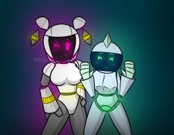 2girls androidatdark featureless_breasts marra_(yellolight) multiple_girls no_nipples qt_(androidatdark) robot robot_girl screen_face yellolight