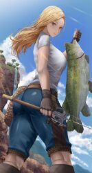 ass backboob big_ass big_butt blonde_hair breasts clothed curvy fish fishing_rod huge_ass kisara_(tales) large_ass silvertsuki tales_of_(series) tales_of_arise tight_clothing wide_hips