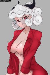 1girls alysianarts breasts clothed female_only glasses helltaker horns light-skinned_female light_skin pandemonica_(helltaker) red_eyes tail white_hair