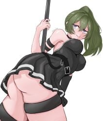 ass belt big_ass big_butt breasts butt_focus clothed deser99 from_below from_below_view green_hair huge_ass light-skinned_female light_skin nipples purple_eyes skirt skirt_lift smug sousou_no_frieren spear ubel_(sousou_no_frieren)