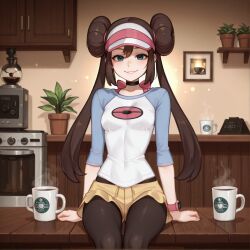 absurdres ai_generated black_choker black_pantyhose blue_eyes blush bow breasts brokewyt brown_hair choker coffee coffee_mug covered_navel cup double_bun female hair_bun highres indoors legwear_under_shorts long_hair looking_at_viewer mug pantyhose parted_lips patreon_username picture_frame pink_bow plant poke_ball_print pokemon_bw2 pokemon_trainer potted_plant raglan_sleeves rosa_(pokemon) short_shorts shorts sitting smile solo table twintails uncensored visor_cap watch wristwatch yellow_shorts