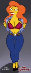 belt bra cleavage huge_breasts jeans mindy_simmons open_clothes red_hair rx120 seductive seductive_smile the_simpsons