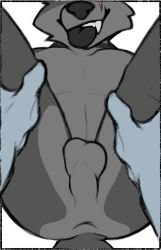 2021 anthro anus ass backsack balls black_border bonfire_(bonfirefox) bonfirefox border canid canine duo fangs fox fur genitals grey_body grey_fur grey_nose grey_tongue hands_on_legs hi_res male male/male mammal simple_background smile tail teeth tongue tongue_out white_background